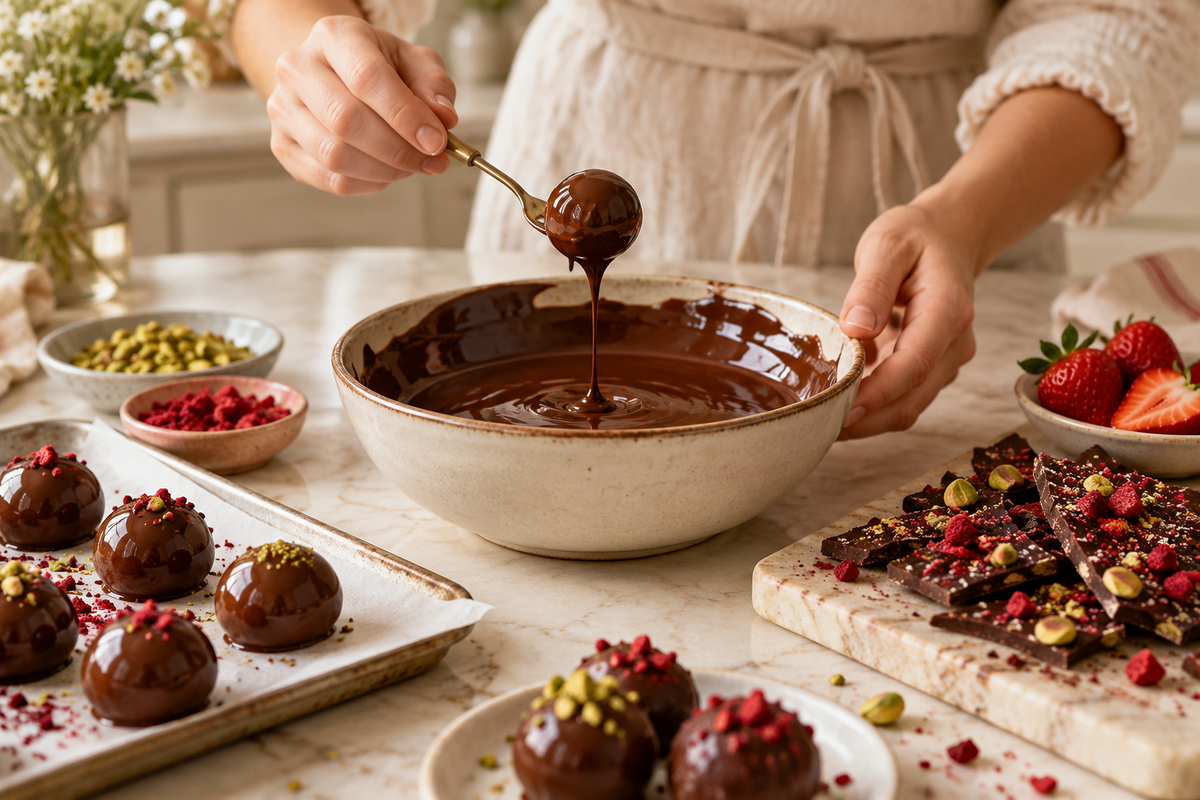 Hand-dipped chocolate truffles and chocolate bark on a cream kitchen counter