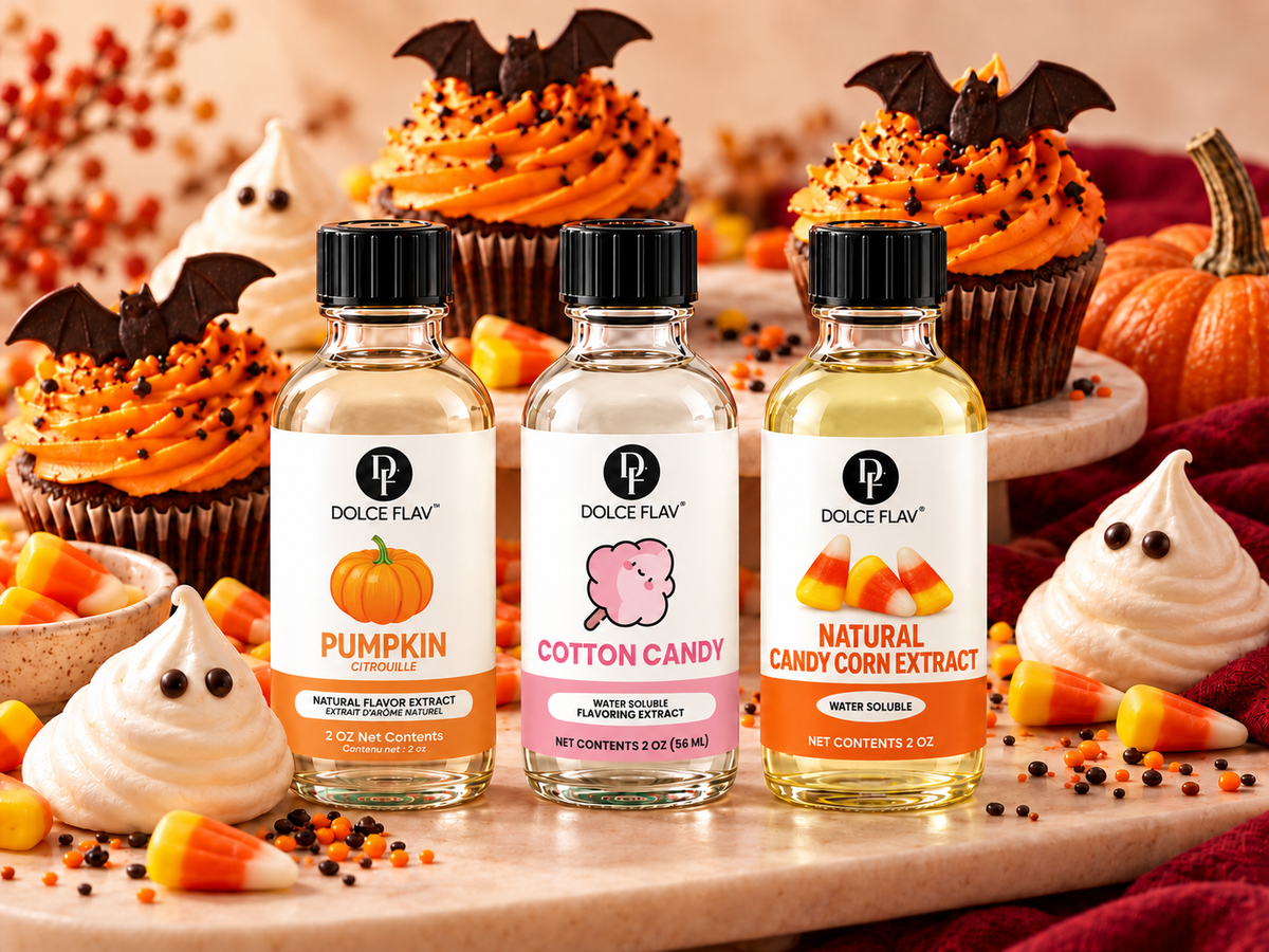 Dolce Flav Pumpkin, Cotton Candy and Natural Candy Corn Extract bottles with Halloween cupcakes and ghost meringues