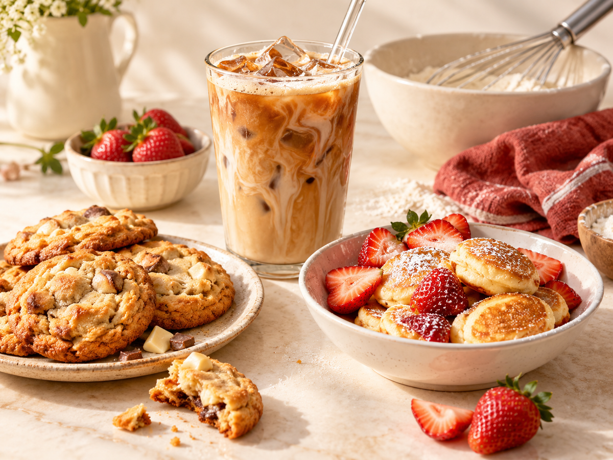 Homemade cookies, pancakes and an iced latte in a bright kitchen