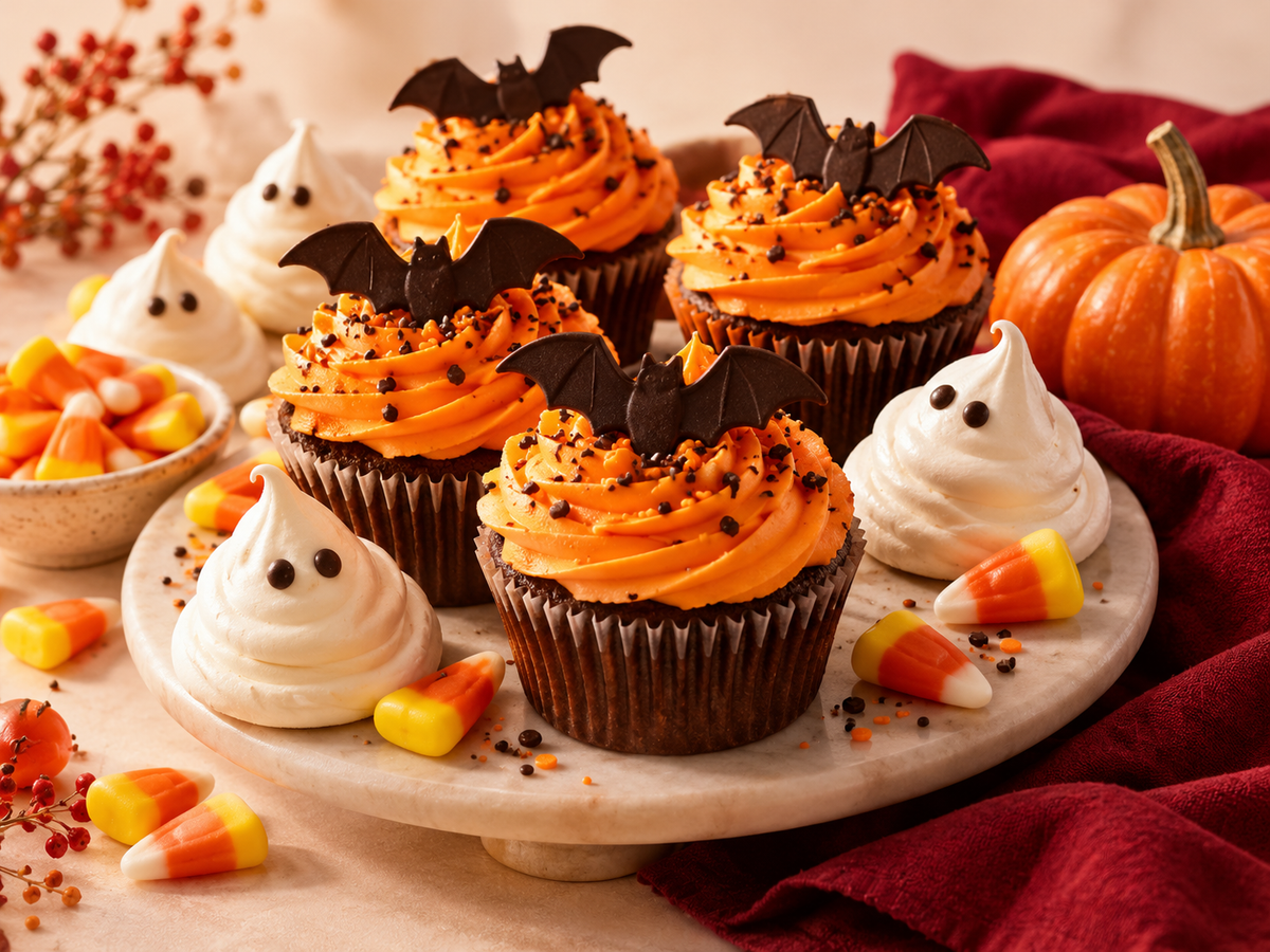 Halloween cupcakes with chocolate bats, ghost meringues and candy corn