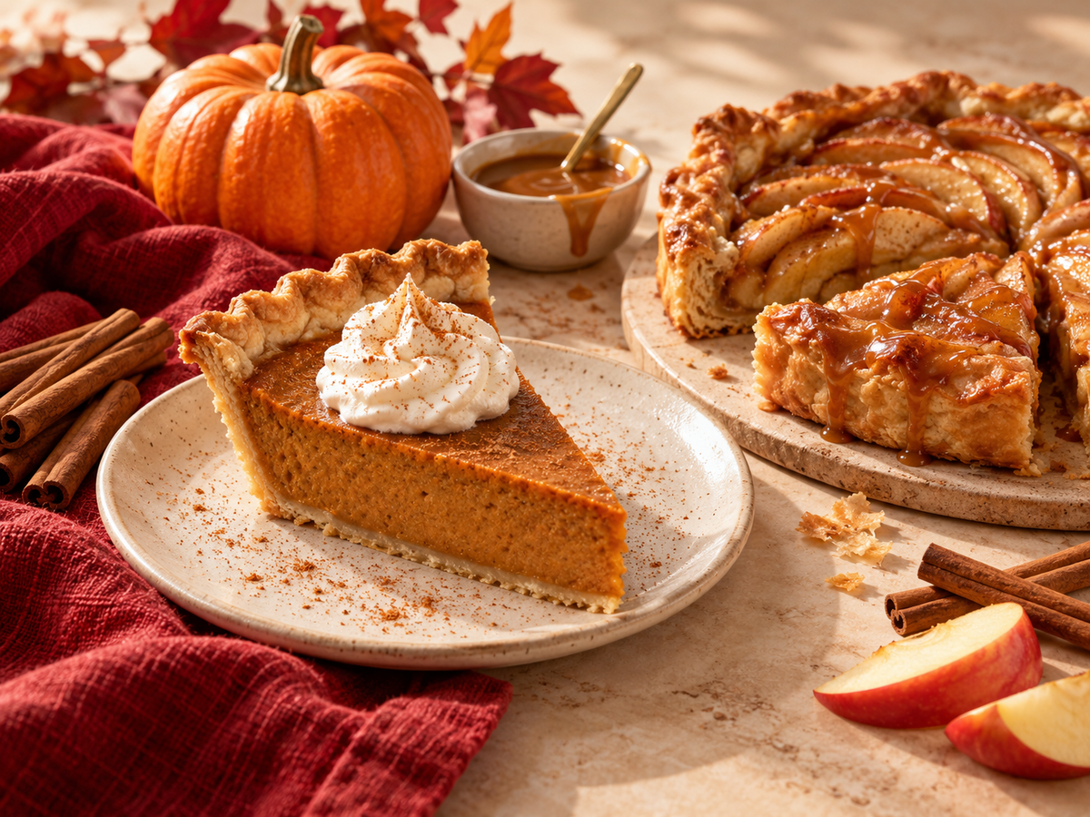 Pumpkin pie, apple tart and caramel for Thanksgiving baking