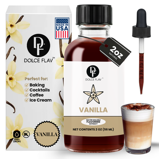 Dolce Flav water-soluble vanilla extract bottle for baking and beverages
