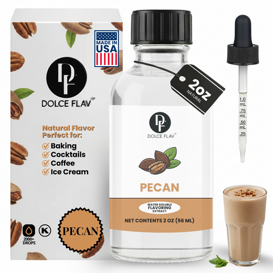 Dolce Flav pecan extract with a cup of coffee for pecan lattes and baking