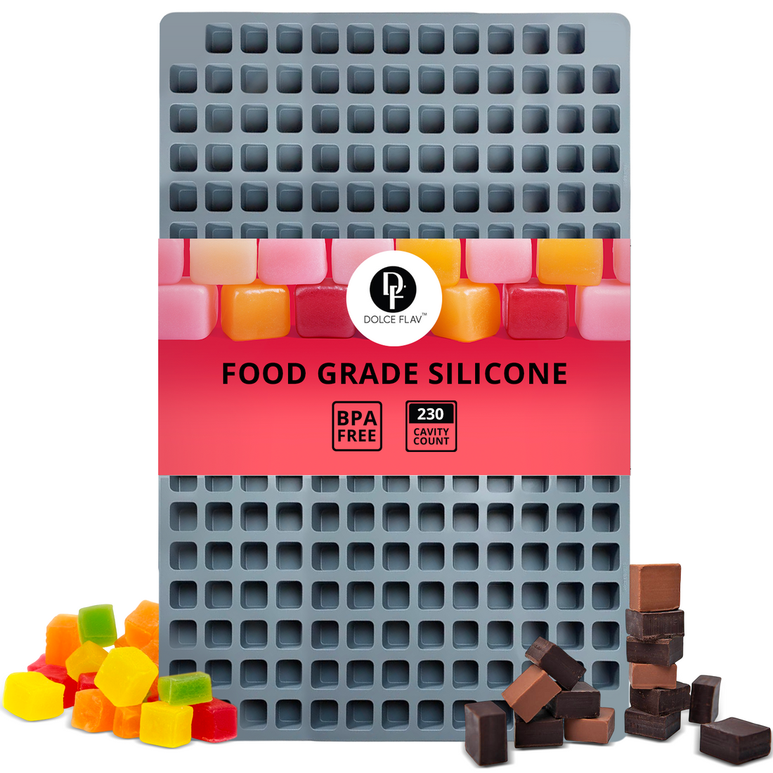 Square silicone candy mold for producing wedding favor gummies at volume