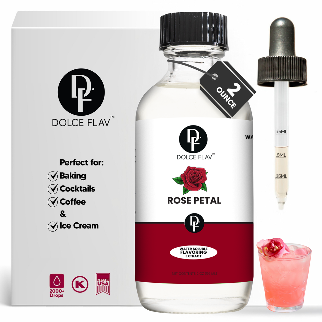 Dolce Flav rose petal extract with a pink floral drink