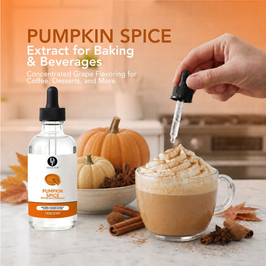 Dolce Flav Pumpkin Spice Extract beside a pumpkin spice latte and fall spices