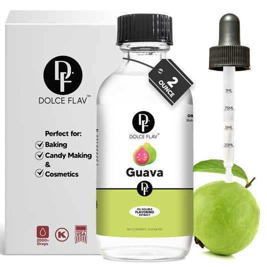 Dolce Flav guava flavoring oil bottle with dropper and fresh guava fruit