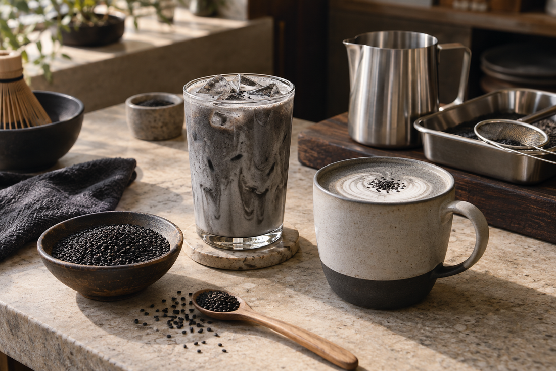 Iced and hot black sesame lattes with sesame seeds and café batch-prep tools