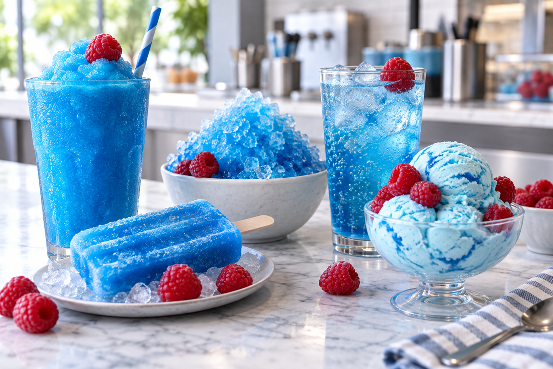 Blue raspberry slush, ice pops, shaved ice, sparkling drink and frozen dessert with fresh raspberries