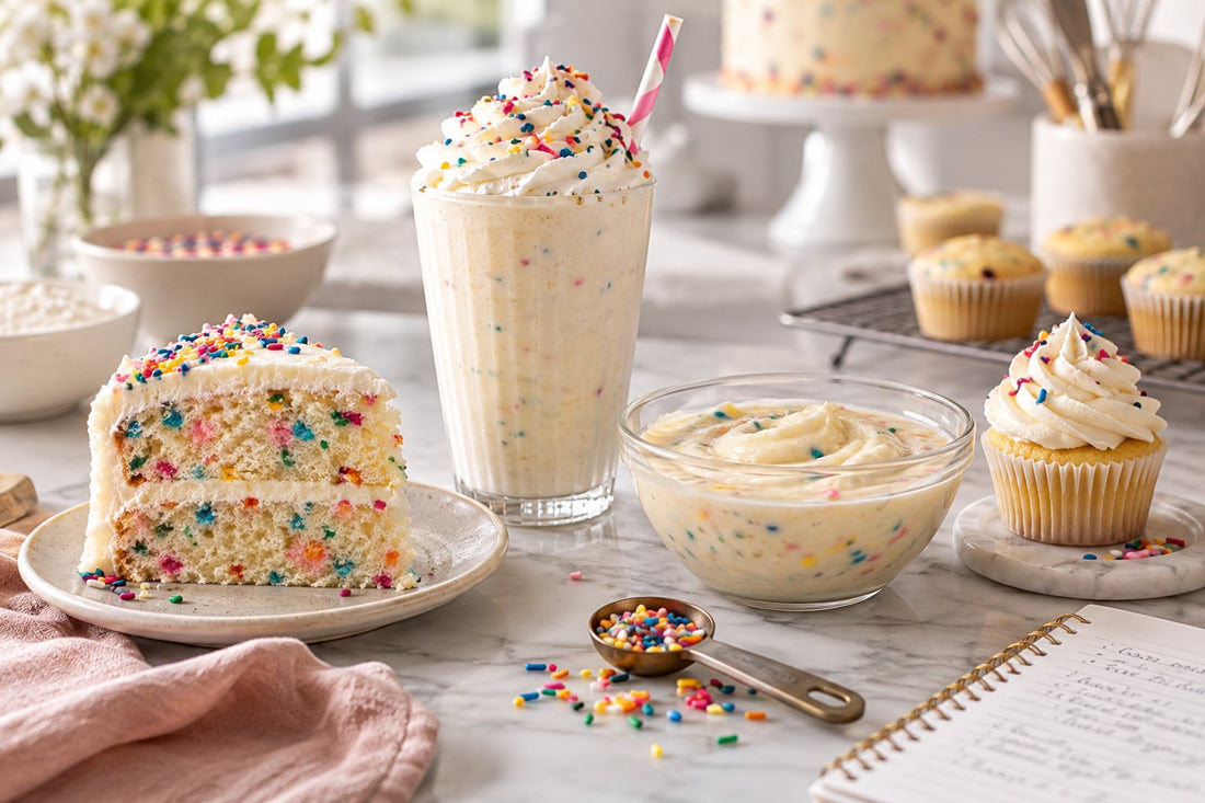 Funfetti cake, cake-batter milkshake, cupcake and sprinkle batter on a bright bakery workbench