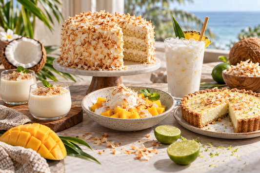 Coconut cake, panna cotta, mango-coconut dessert, lime tart and iced coconut drink in a tropical pastry studio