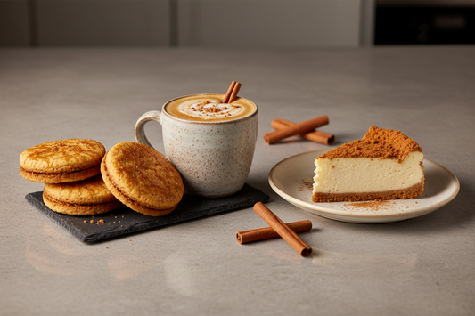 Cookie butter menu ideas with a latte, spiced cookies and cheesecake
