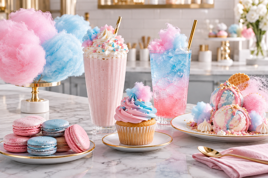Cotton candy milkshake, soda, cupcake, macarons and ice cream in pink and blue pastels