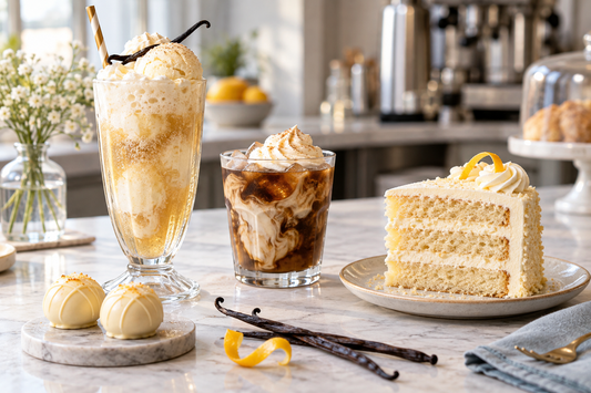 Cream soda float, vanilla cake, cold-brew drink and white-chocolate truffles on a café workbench