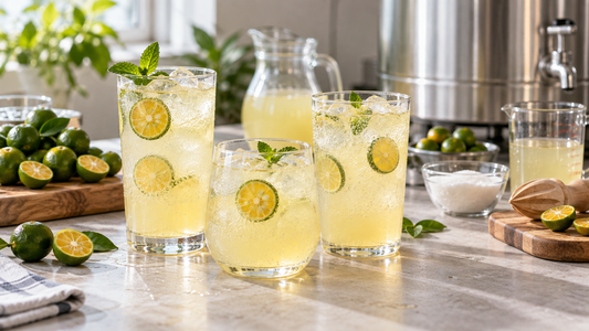 Three sparkling calamansi sodas with fresh citrus beside a small beverage-production vessel