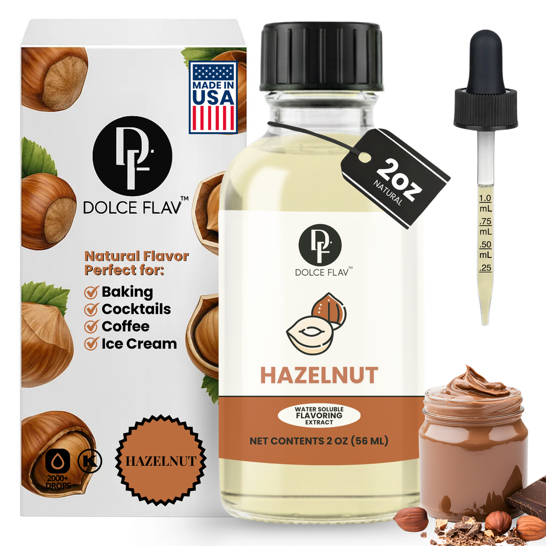 Dolce Flav hazelnut extract, a sugar-free water-soluble flavoring for coffee and fall lattes