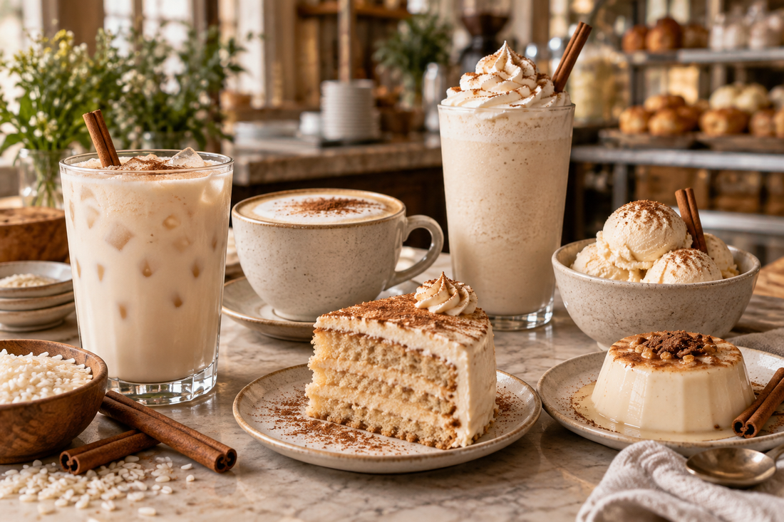 Iced horchata, horchata latte, cake, frozen dessert and panna cotta with rice and cinnamon