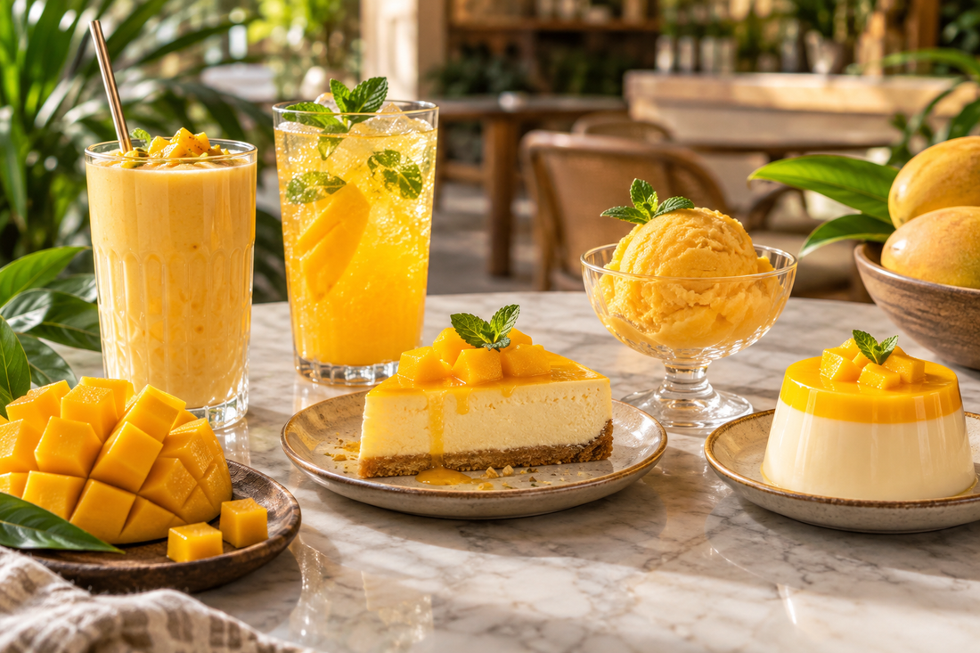 Mango lassi, sparkling mango drink, cheesecake, sorbet and panna cotta on a tropical café counter