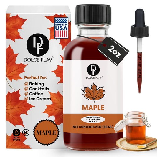 Dolce Flav maple extract bottle with dropper for fall baking and coffee drinks
