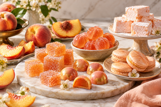 Peach fruit jellies, bonbons, gummies, macarons and marshmallows with fresh peaches
