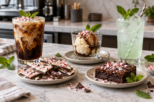 Peppermint cold brew, affogato, chocolate bark, brownie and mint soda on a café workbench