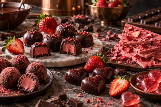 Strawberry bonbons, chocolate bark, truffles, molded hearts and hard candies on a chocolatier workbench