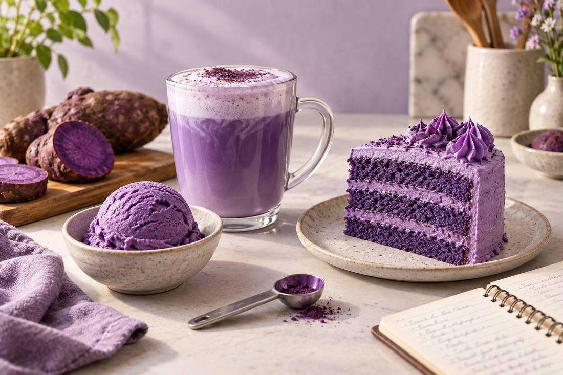 Ube latte, layered ube cake, ube ice cream and purple yam on a recipe development workbench
