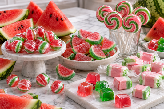 Watermelon hard candies, gummies, lollipops, taffy and candy cubes with fresh watermelon wedges