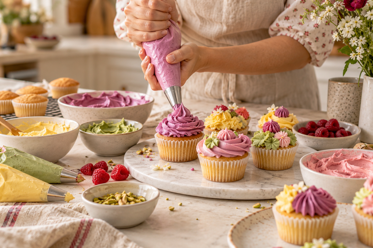 A baker piping colorful buttercream onto homemade cupcakes