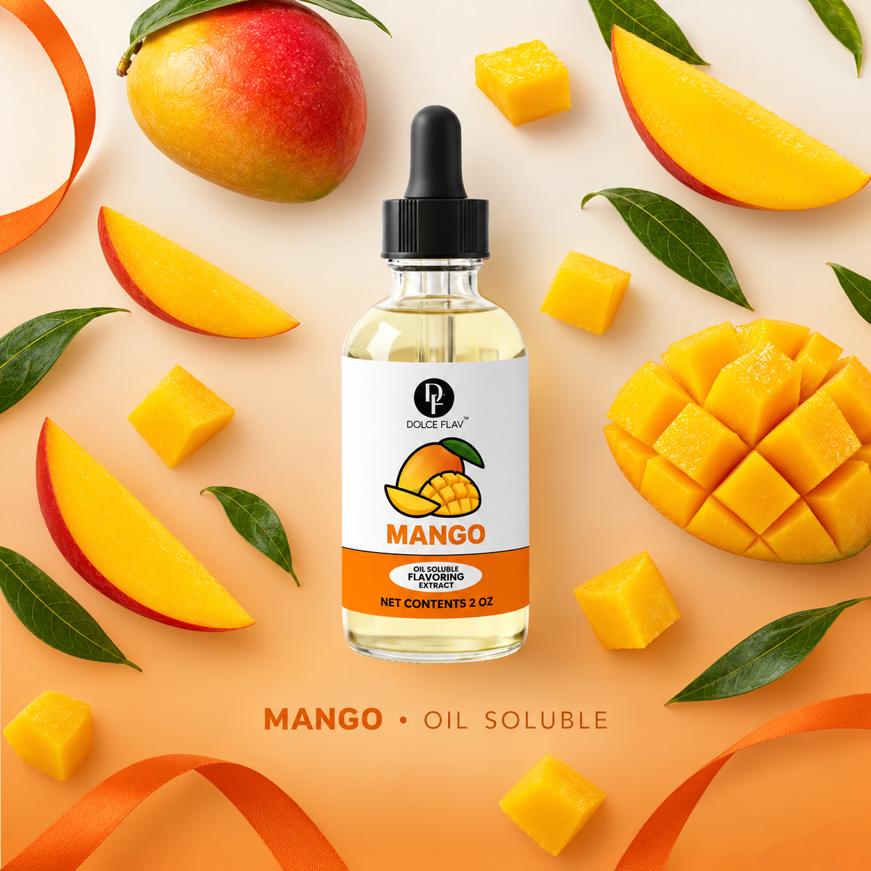 Dolce Flav oil-soluble mango flavoring — 2 oz bottle in a flavor-themed product display.