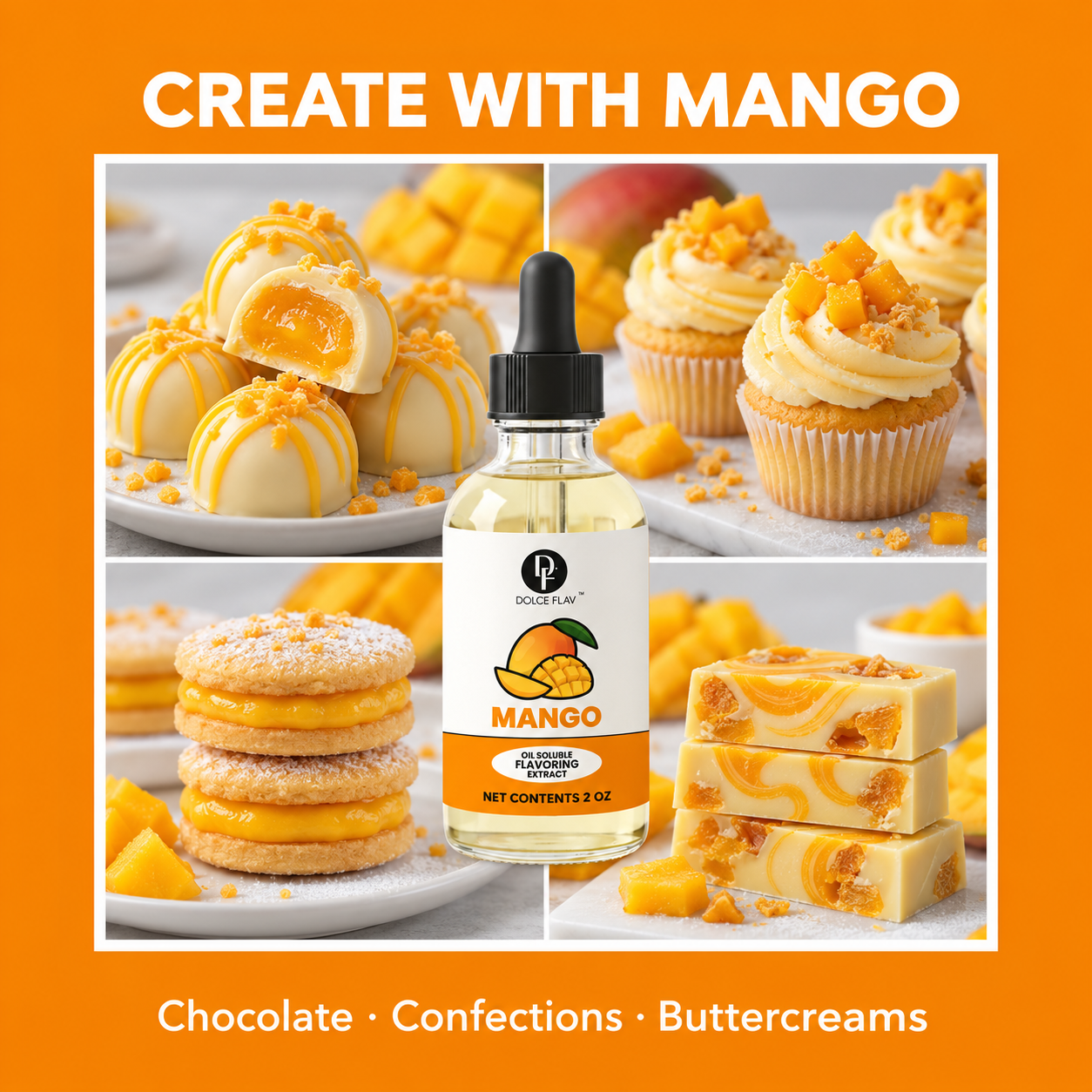 Dolce Flav oil-soluble mango flavoring — bottle with chocolate and confectionery application ideas.