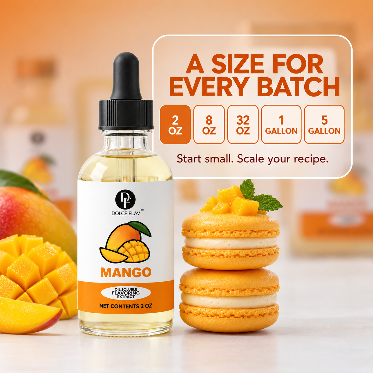 Dolce Flav oil-soluble mango flavoring — size guide showing 2 oz, 8 oz, 32 oz, 1 gallon and 5 gallon options.