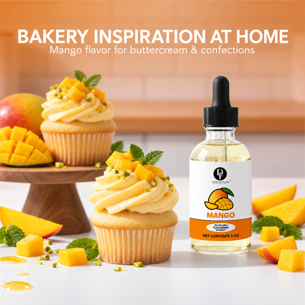 Dolce Flav oil-soluble mango flavoring — bottle with bakery dessert inspiration.