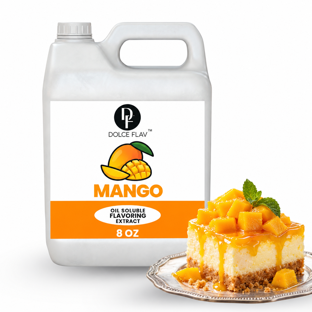 Dolce Flav oil-soluble mango flavoring — 8 oz container with dessert.