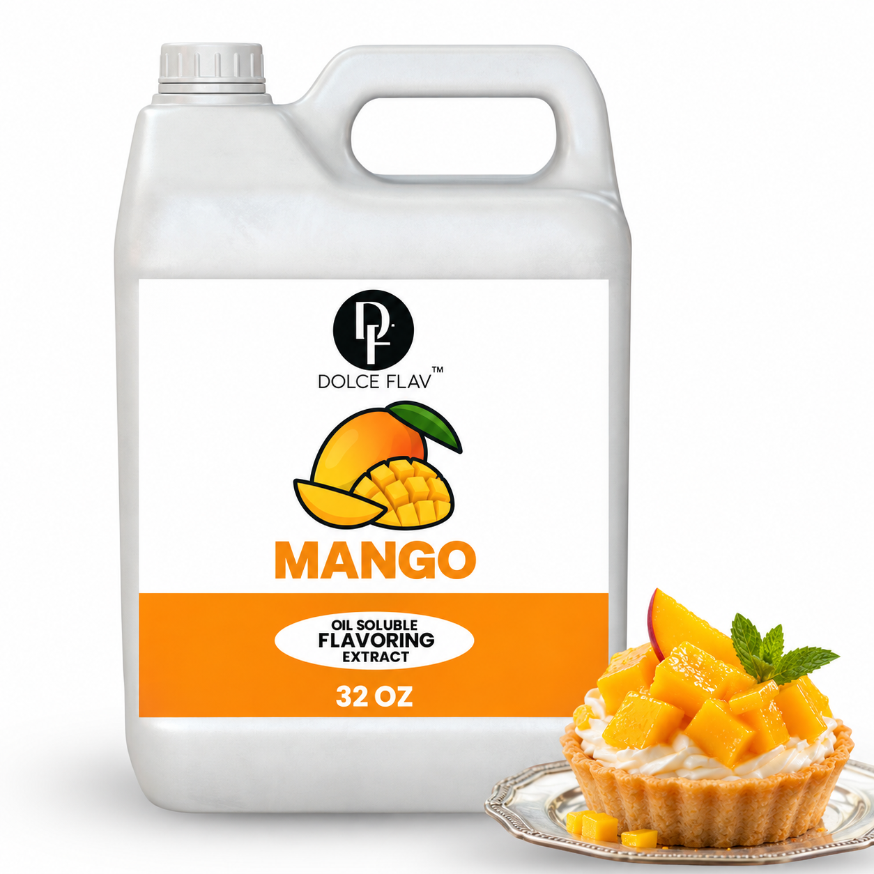 Dolce Flav oil-soluble mango flavoring — 32 oz container with dessert.