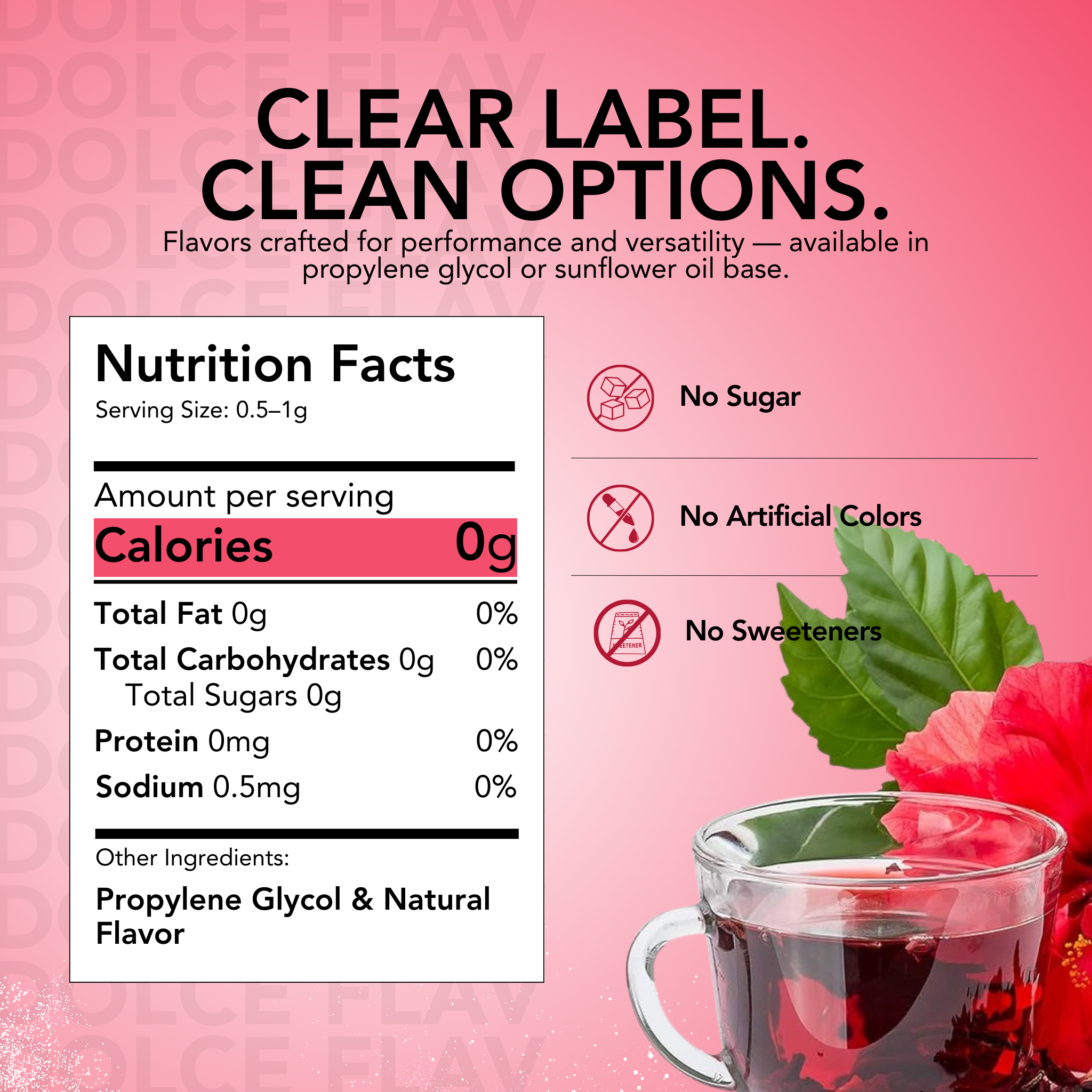 Nutrition facts label with a cup of tea and red flower on a pink background