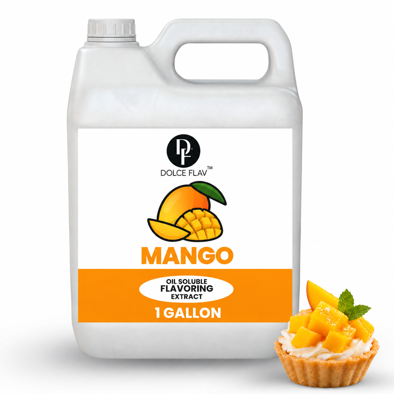 Dolce Flav oil-soluble mango flavoring — 1 gallon container with dessert.