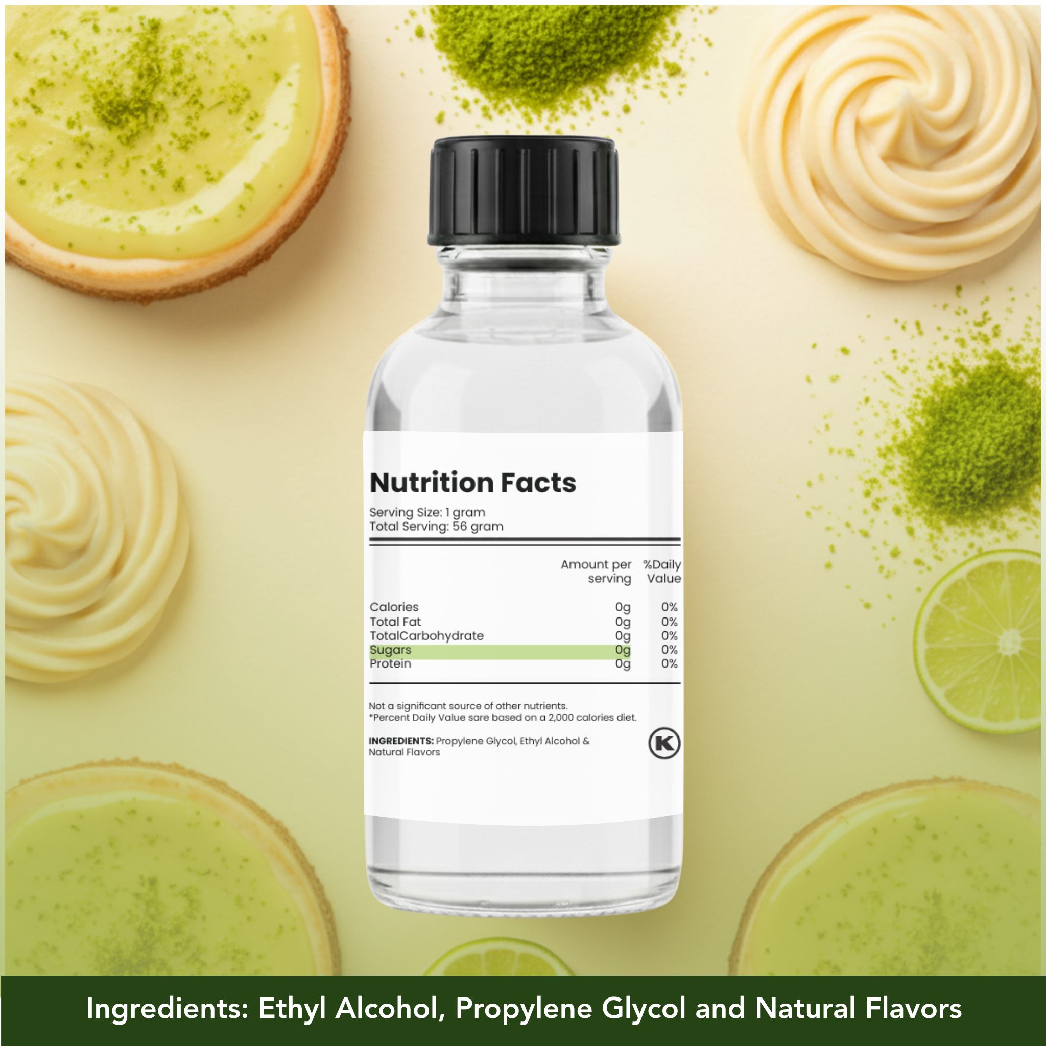 Bottle of a product with nutrition facts label on a background with lime slices and desserts.