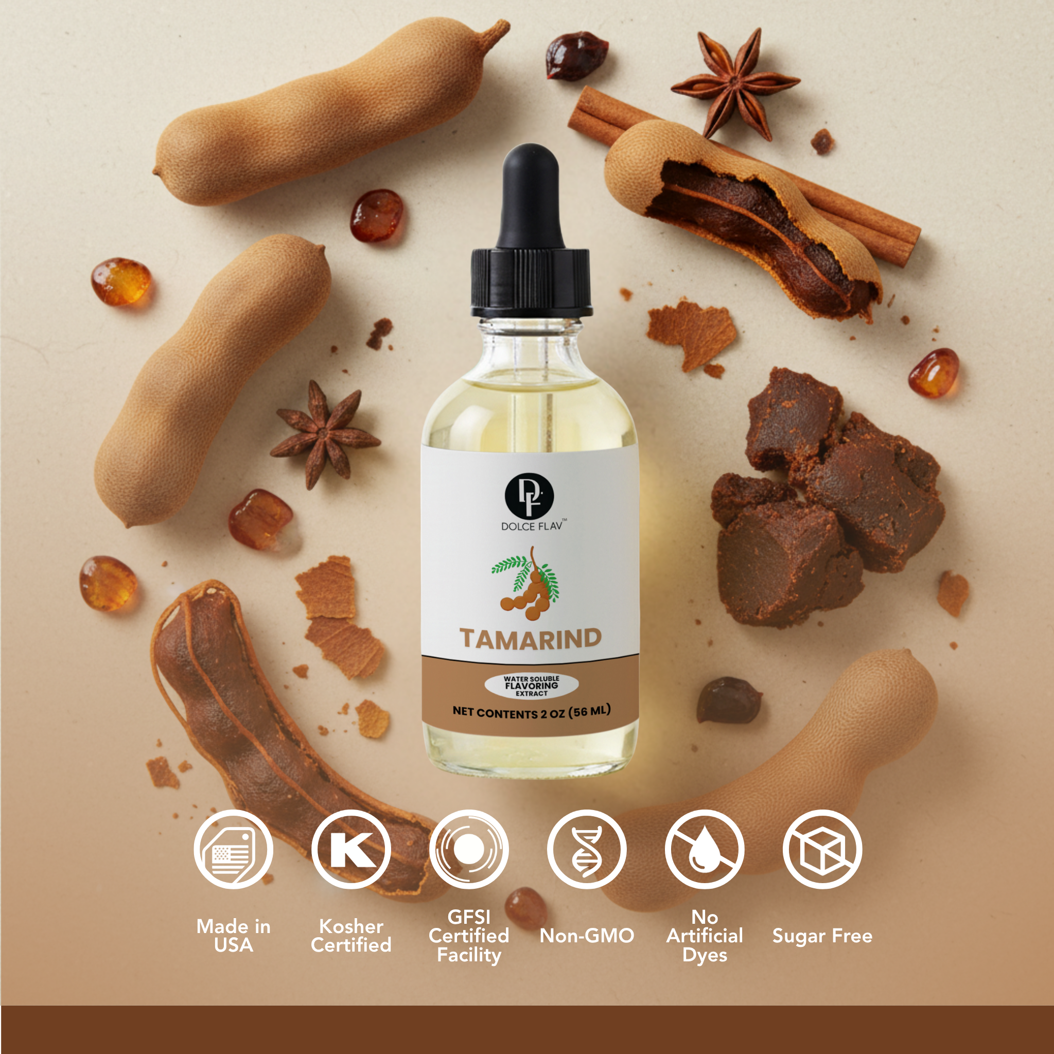 Tamarind extract bottle with tamarind fruit and spices on a beige background