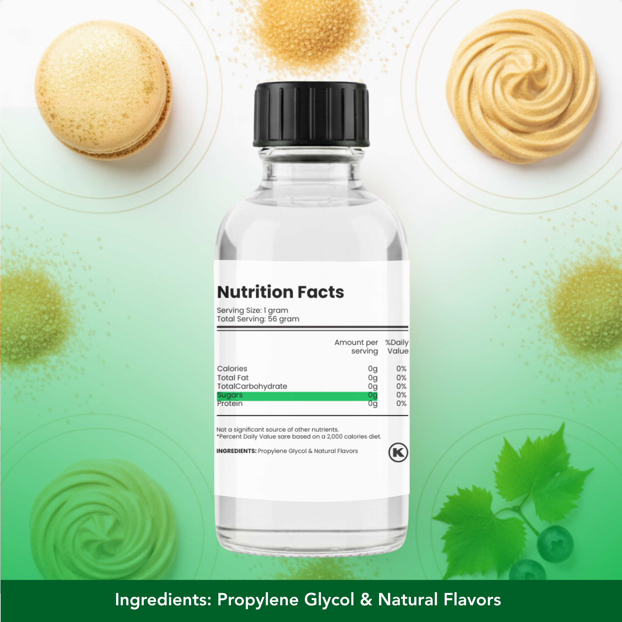 Bottle with nutrition facts label on a green background with dessert items.
