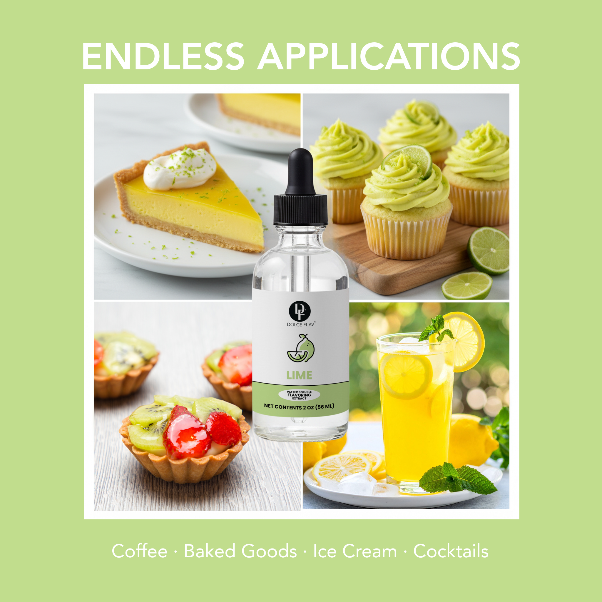 Bottle of lime-flavored extract with images of lime-themed baked goods and drinks on a green background.