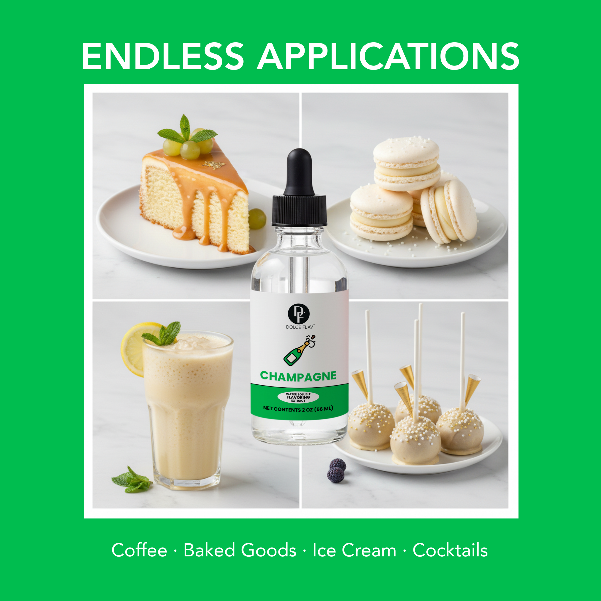 Bottle labeled 'Champagne' with images of cake, macarons, and a drink on a green background with text 'Endless Applications'.