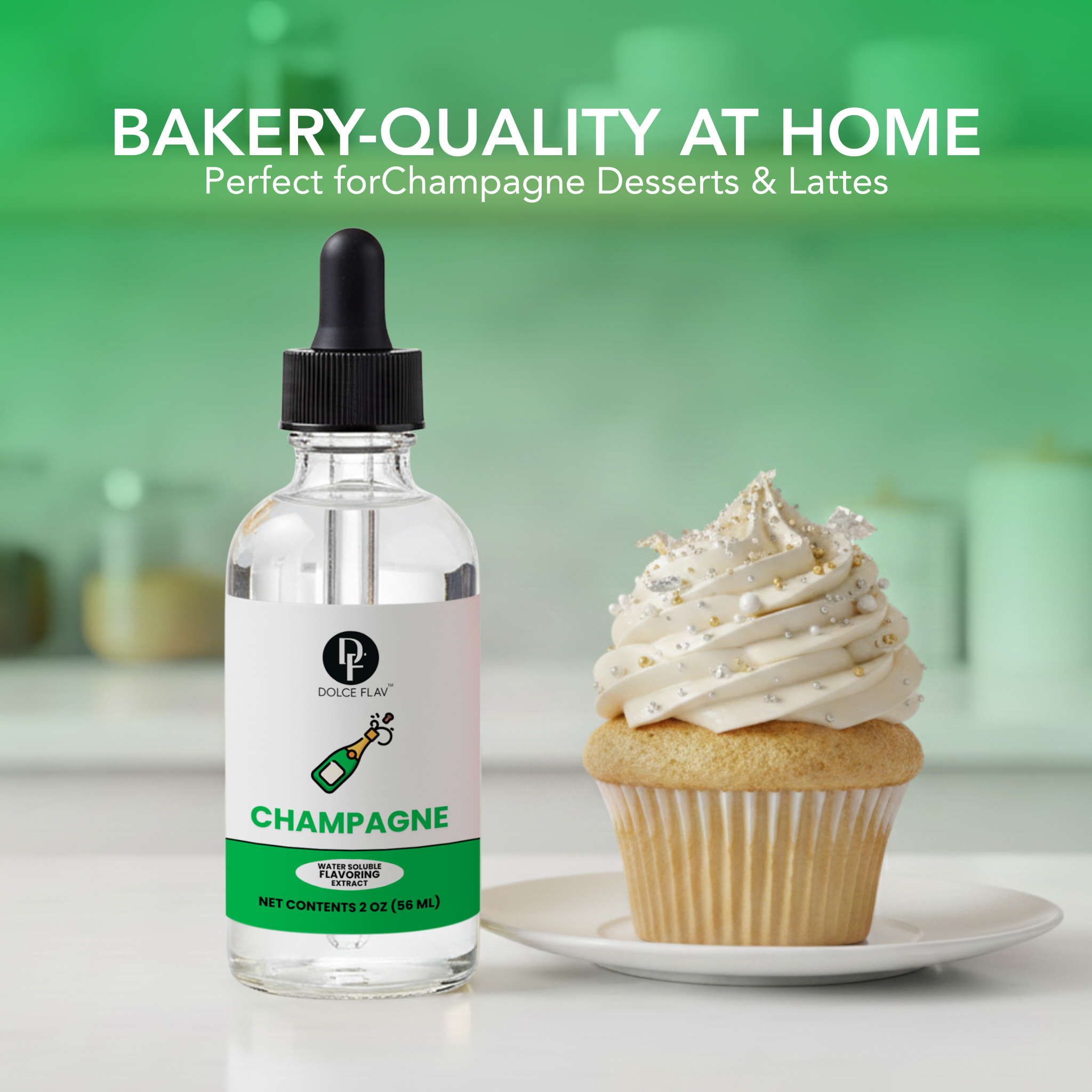 Bottle of champagne-flavored syrup next to a cupcake on a blurred kitchen background with text 'Bakery-Quality at Home'.