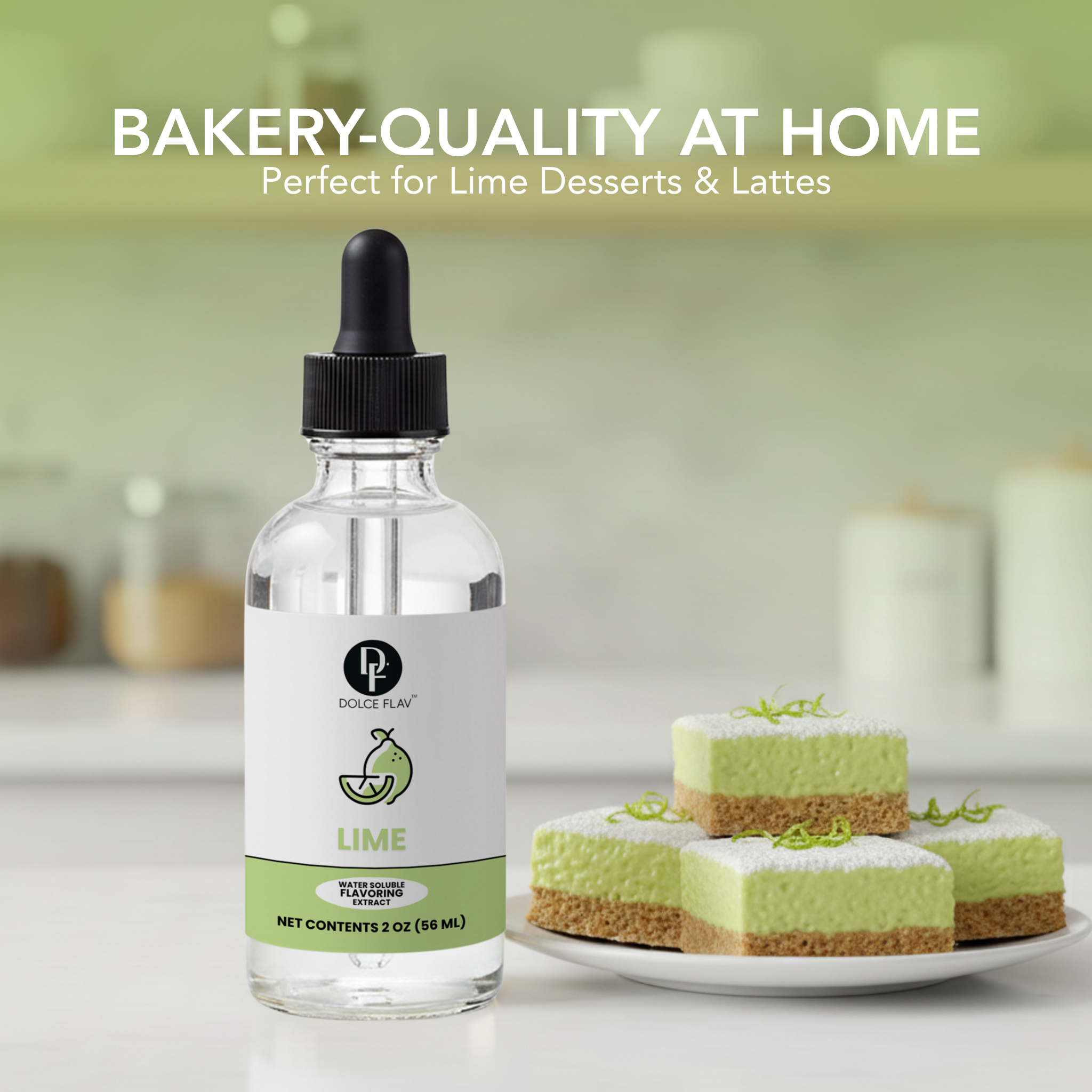 Bottle of Dolce Flav Lime extract with lime desserts on a kitchen counter