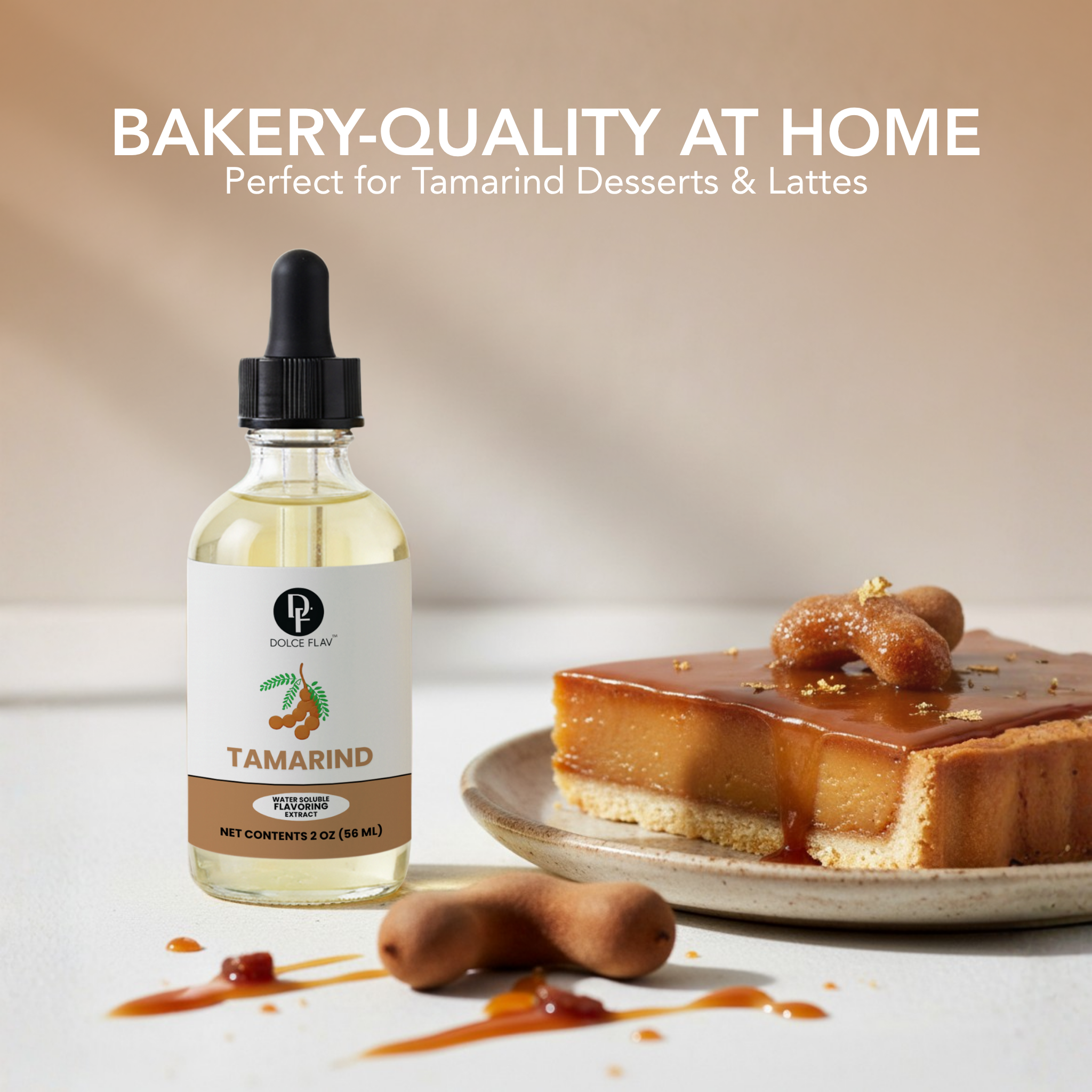 Bottle of tamarind syrup with a cake and tamarind pods on a neutral background, promoting bakery-quality at home.