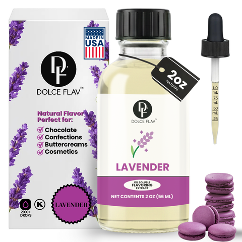 Dolce Flav lavender flavoring extract with packaging, dropper, and macarons on a white background