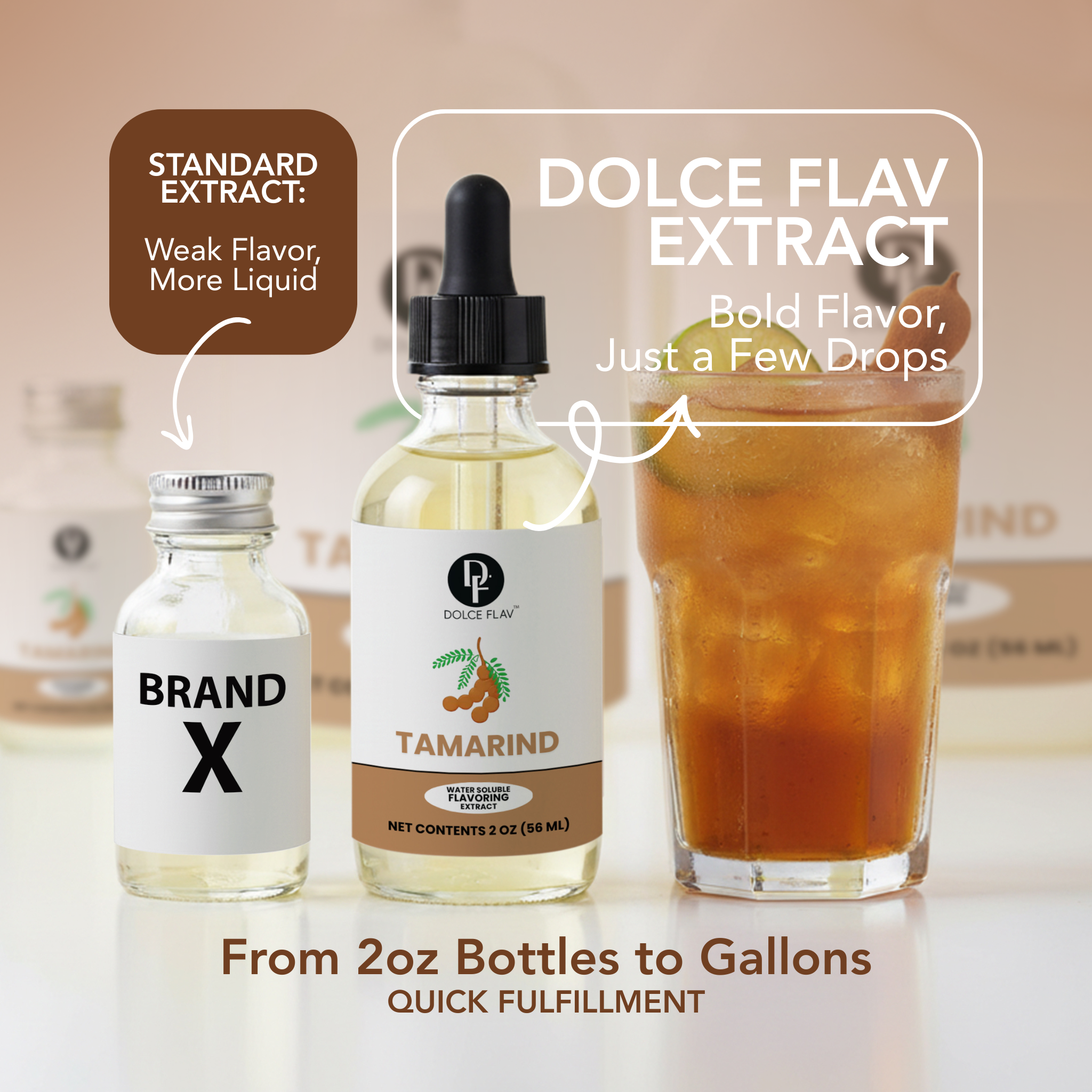 Two bottles of Dolce Flav extract with a glass of iced drink, labeled 'Dolce Flav Extract' and 'Brand X'.