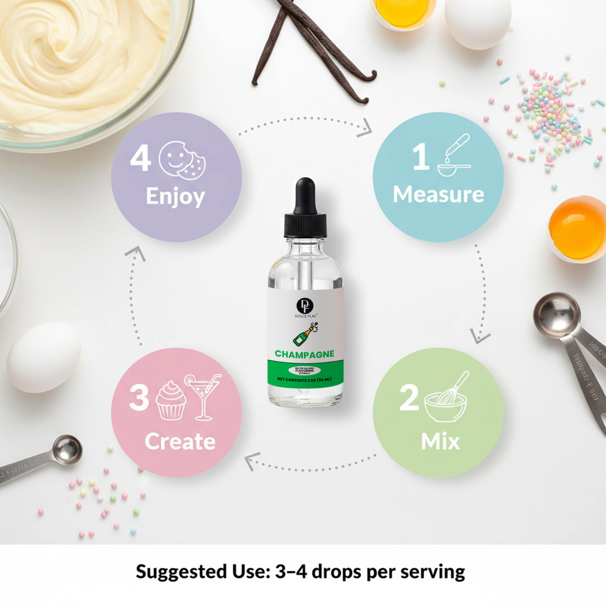 Bottle of champagne flavoring with measurement guide on a kitchen counter.