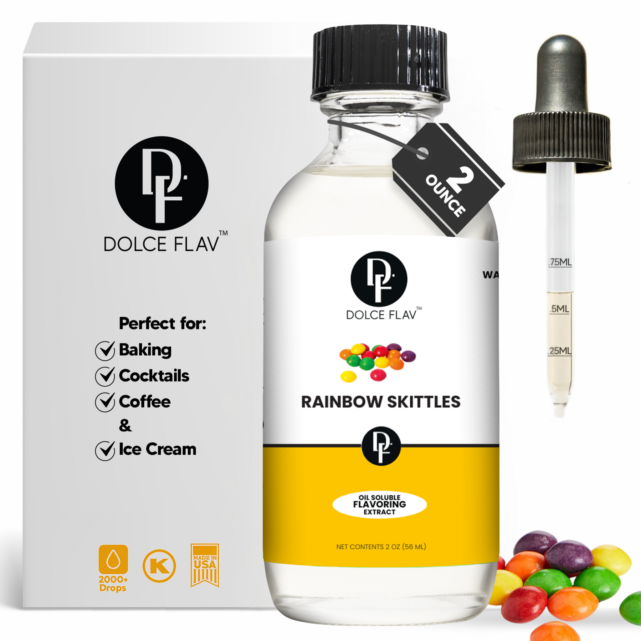 Dolce Flav rainbow skittles flavoring extract with packaging and dropper bottle on a white background