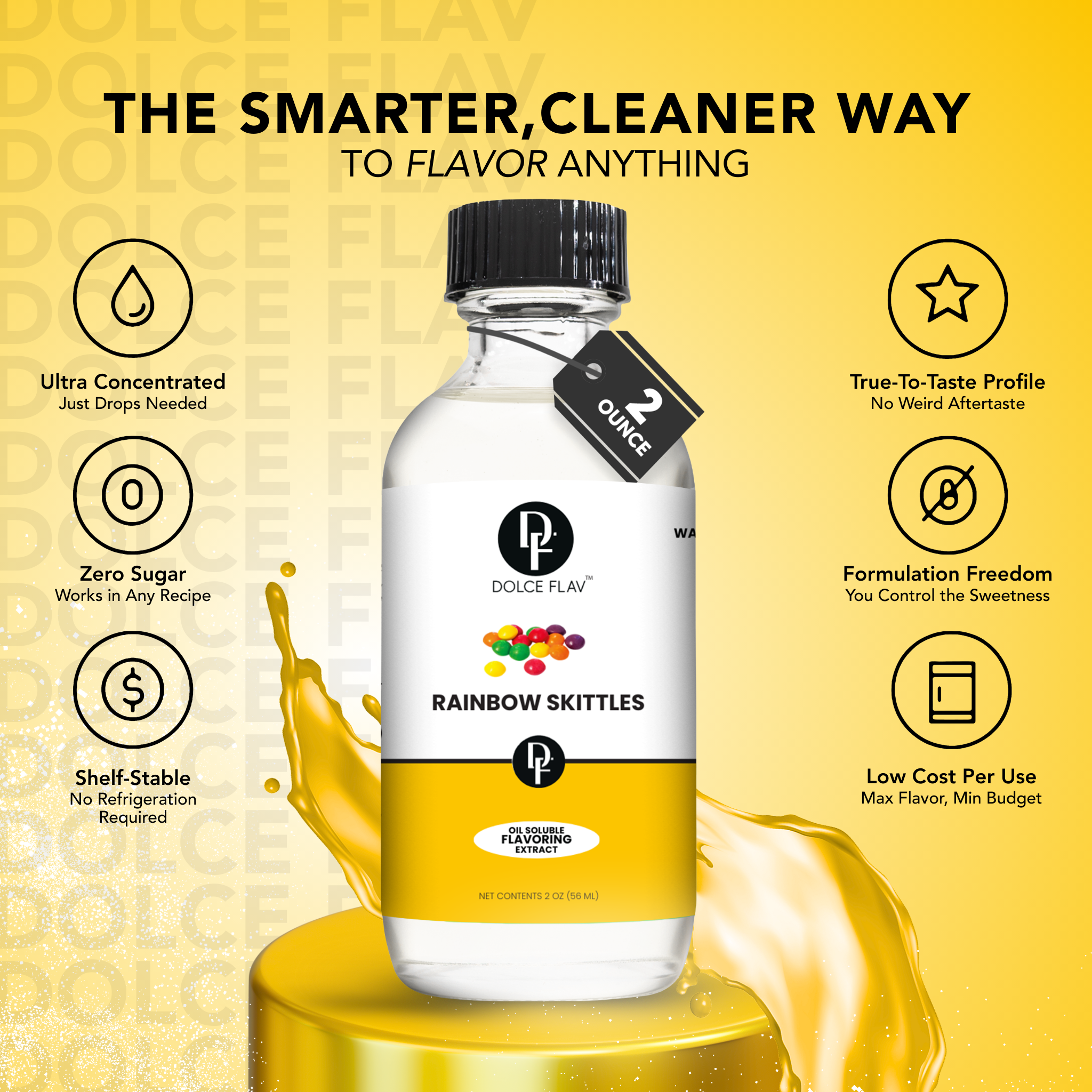 Bottle of Dolce Flav flavoring extract with features listed on a yellow background
